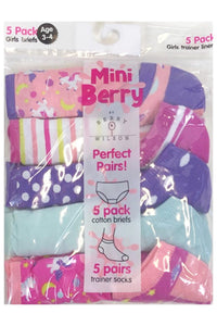 Girls Novelty 5 Pack Cotton Briefs & 5 Pack Matching Ankle Socks Underwear Sets